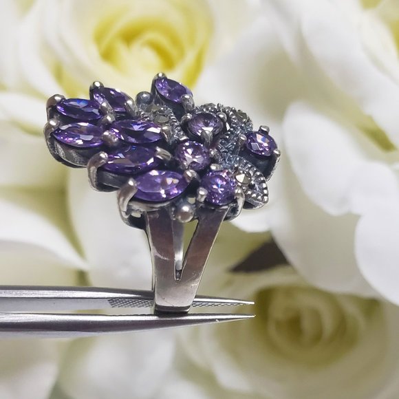 Vintage 925 Silver With Amethyst Stone Marcasite Women Ring - Picture 5 of 6